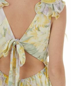 Aakaa Dresses Pastel Yellow Floral Open Back Maxi Dress