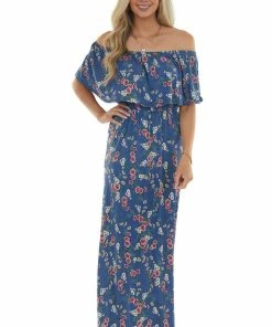 Celeste Design Navy Floral Print Ruffle Overlay Maxi Dress Dresses 12 Celeste Design Navy Floral Print Ruffle Overlay Maxi Dress Dresses