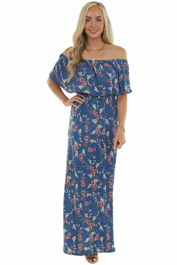 Celeste Design Navy Floral Print Ruffle Overlay Maxi Dress Dresses 5 Celeste Design Navy Floral Print Ruffle Overlay Maxi Dress Dresses