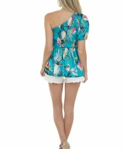 Jodifl Teal Multi Floral One Shoulder Smocked Top Tops