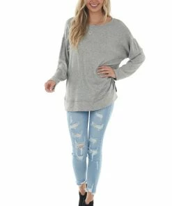 Jodifl Tops Heathered Grey Soft Long Sleeve Curved Hem Top