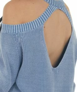 BiBi Hazy Blue Mineral Washed Cold Shoulder Sweater Tops