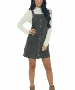 She + Sky Dresses Army Green Button Down Corduroy Overall Dress