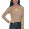 Lush Clothing Latte Cable Knit Sweater With Chest Cut Out Tops
