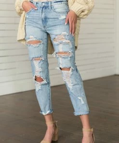 American Fit Light High Rise Distressed Boyfriend Jeans