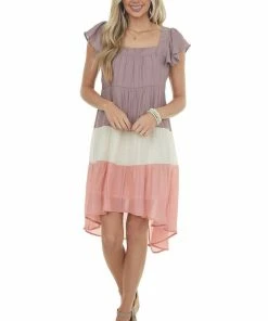 Umgee Dresses Mauve Colorblock Square Neckline Short Dress