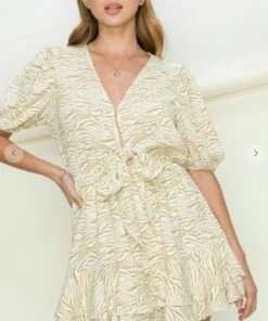 HYFVE Khaki Zebra Ruffle Hem Front Tie Dress