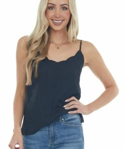 143 Story Black Scalloped Woven Top With Side Slits