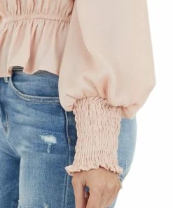 She + Sky Tops Peach Peplum Crop Top With Bubble Sleeves And Smocked Cuffs