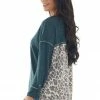 She + Sky Tops Dark Pine Long Sleeve Top With Leopard Print Back