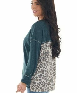 She + Sky Tops Dark Pine Long Sleeve Top With Leopard Print Back