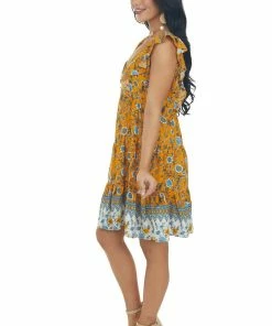 Umgee Honey Floral Print V Neck Tiered Short Dress