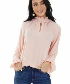 Main Strip Peach Smocked Neck Bubble Sleeve Keyhole Top