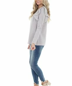 Doe & Rae Mocha And Ivory Striped Long Sleeve Top With Ruffle Detail