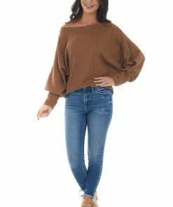 143 Story Tops Sepia Textured Knit Banded Dolman Sleeve Top