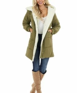 Style Melody Olive Hooded Puffer Coat With Button And Zip Up Closure Outerwear