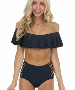 Envya Accessories Black Off Shoulder Bikini Set With Strappy Details