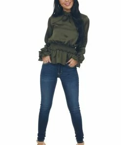 Peach Love Dark Army Green Mock Neck Smocked Peplum Top