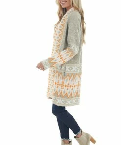 BiBi Latte Aztec Print Open Front Cardigan Tops