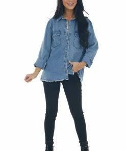 Umgee Medium Wash Button Up Frayed Hem Denim Top