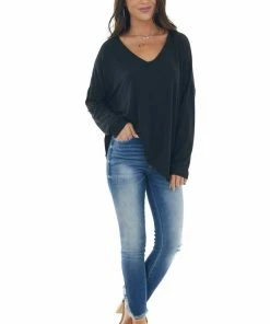 BucketList Tops Black Drop Shoulder Knit Top With V Neck