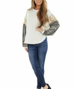 12PM Oatmeal Knit Top With Camo Print And Gold Sequin Long Sleeve 28 12PM Oatmeal Knit Top With Camo Print And Gold Sequin Long Sleeve