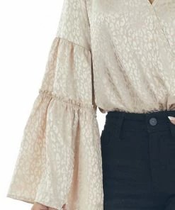 Peach Love Rich Champagne Leopard Surplice Satin Blouse Tops 36 Peach Love Rich Champagne Leopard Surplice Satin Blouse Tops
