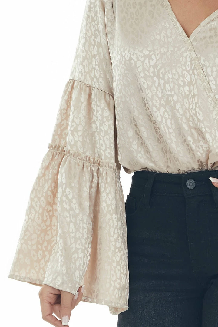 Peach Love Rich Champagne Leopard Surplice Satin Blouse Tops 19 Peach Love Rich Champagne Leopard Surplice Satin Blouse Tops
