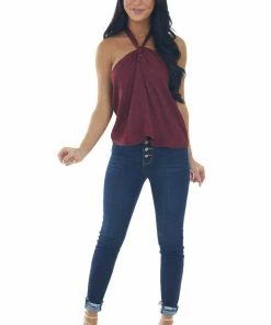 LE LIS Maroon Floral Textured Halter Neck Top
