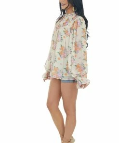 Entro Light Sand Floral Print Smocked Yoke Blouse