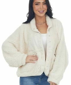Peach Love Outerwear Ivory Button Down Long Sleeve Sherpa Jacket