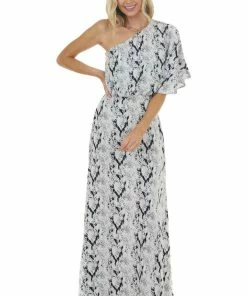 Main Strip Dove Grey Snakeskin Print Woven Maxi Dress With One Shoulder Dresses