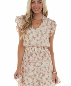 Entro Cream Floral Print V Neck Tiered Short Dress Dresses