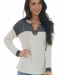 BiBi Charcoal And Cream Button Detailed Knit Top