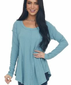 143 Story Tops Teal Scoop Neckline Rounded Hem Knit Top