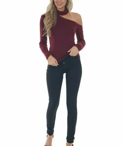 Lush Clothing Wine Mock Neck Cold Shoulder Top Tops
