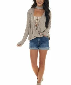 CY Fashion Tops Latte And White Surplice Knit Top With Choker Neckline