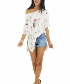 Lovely J Ivory And Pink Floral Print V Neck Top With Short Sleeves