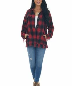 143 Story Crimson Plaid Shirt Jacket With Fringe Details
