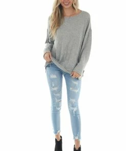Jodifl Tops Heathered Grey Soft Long Sleeve Curved Hem Top