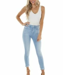 Cello Jeans Bottoms Light Wash Denim Mid Rise Jeans With Rolled Cuffs