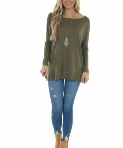 FSL APPAREL Tops Olive Long Sleeve Stretchy Knit Top With Boat Neckline