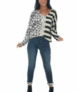 BiBi Black Multiprint Crochet Lace Brushed Knit Top