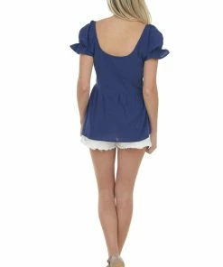 Miss Sparkling Navy Blue Puff Sleeve Peplum Blouse Tops