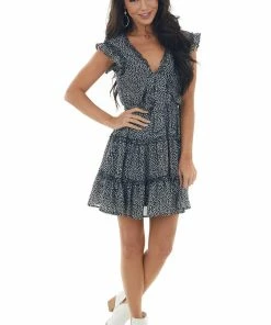 She + Sky Black Leaf Print Tiered Cap Sleeve Frill Dress Dresses