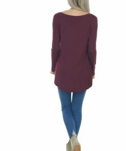 ZENANA Tops Wine Rounded Hem V Neck Soft Knit Top