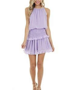 Do + Be Lavender Halter Mini Dress With Smocked Ruffle Detail Dresses