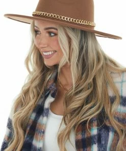 Fame Accessories Coffee Felt Flat Brim Western Style Hat With Chain Detail