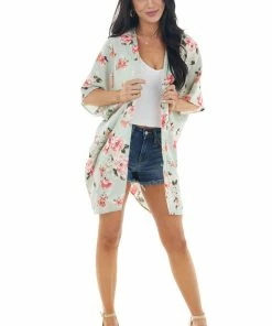 Lovely Melody Tops Pale Mint Floral Open Front Kimono With Back Cut Out Detail 33 Lovely Melody Tops Pale Mint Floral Open Front Kimono With Back Cut Out Detail