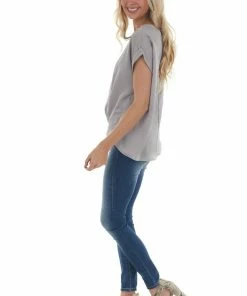 She + Sky Silver Short Cuff Sleeve Pleated Hem Blouse